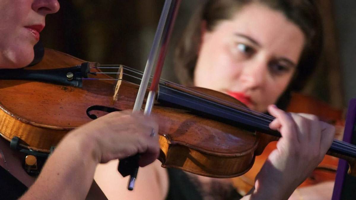 Closeup of two people playing violins in a concert