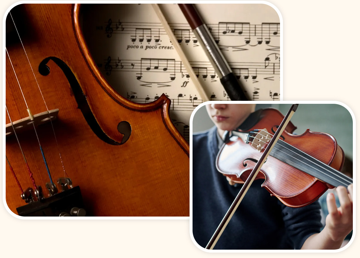 Two overlapped photos, one showing a young person playing a violin and the other showing a closeup of a violin over a sheet of music
